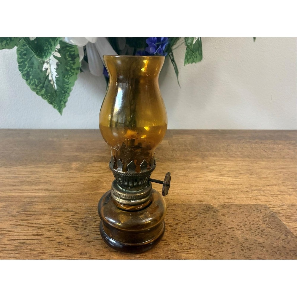 Vintage Amber Glass Mini Wick Oil Lamp Lantern MCM‎ Decor Collectible